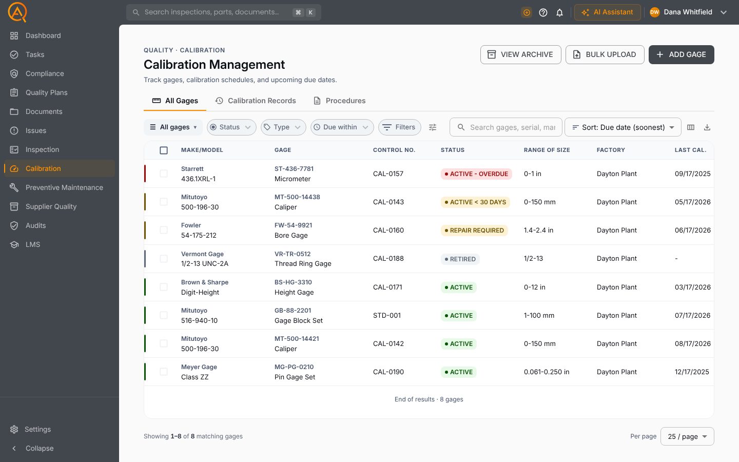 The FactoryQA Calibration Management register with gage status and due dates
