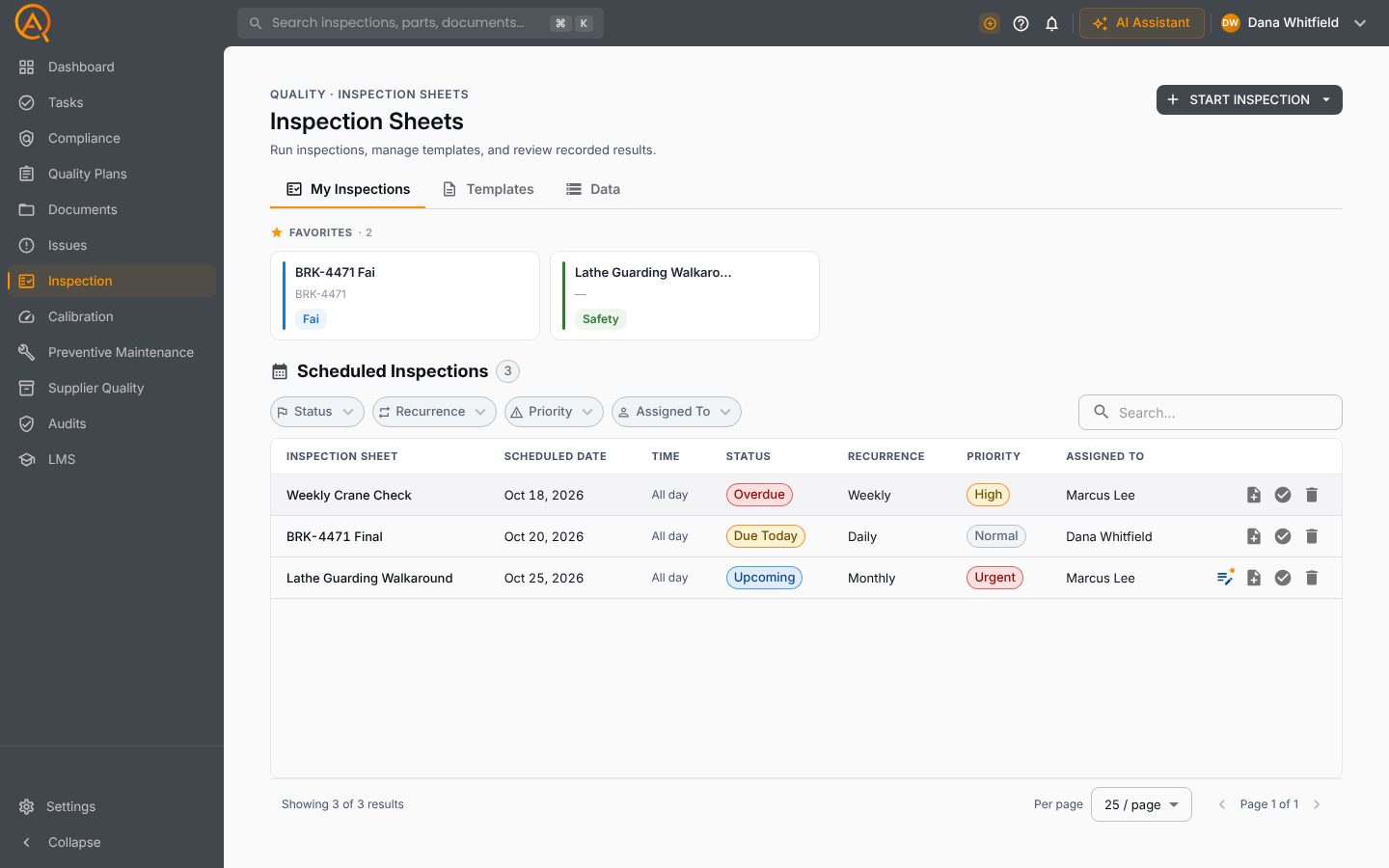 The FactoryQA Inspection Sheets page with favourites and scheduled inspections