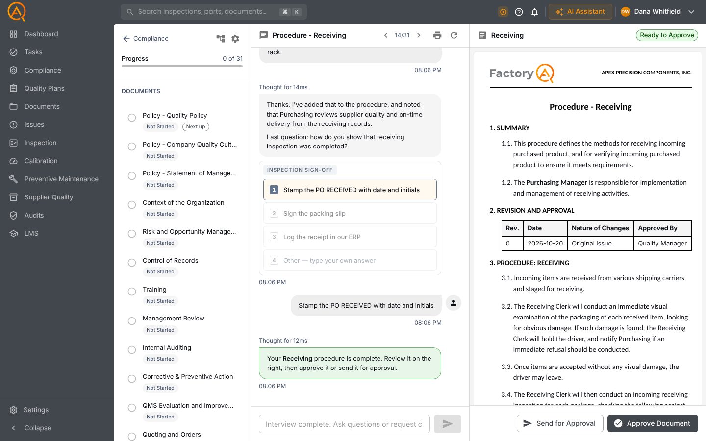 The FactoryQA QMS Generator interview with the receiving procedure being written